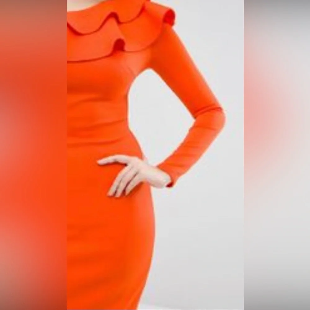 NWT ORANGE ASOS CLUB L LONDON ONE SHOULDER  FRILL MIDI DRESS  L/16 - Picture 4 of 6